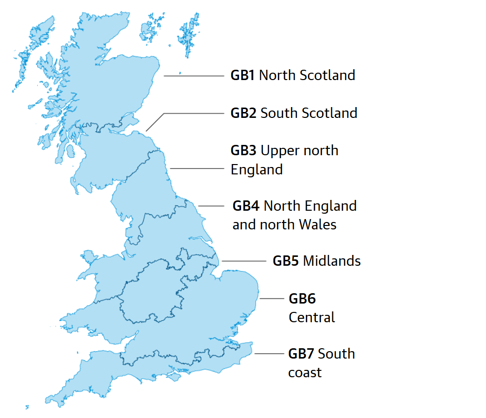 Figure 2 Proposed regions of the UK’s electricity system to be carved up under a zonal pricing arrangement (image sourced from the Guardian, April 2025)2.