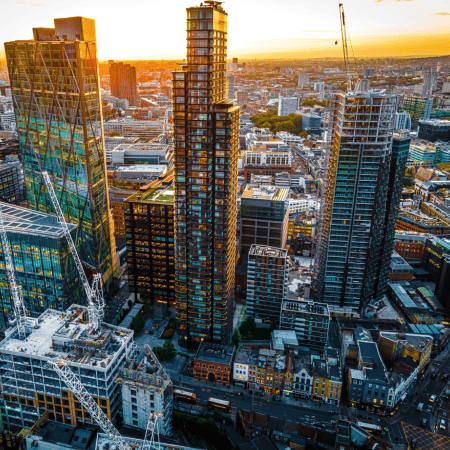 An aerial image of high rise office buildings