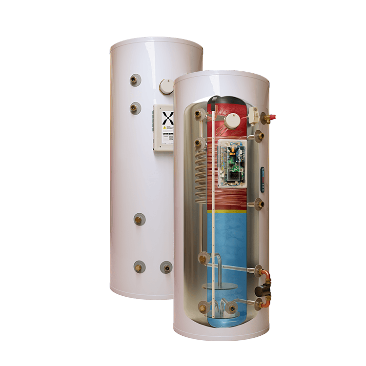 Mixergy X cylinder exterior and cutaway view, showing both design and internal system.