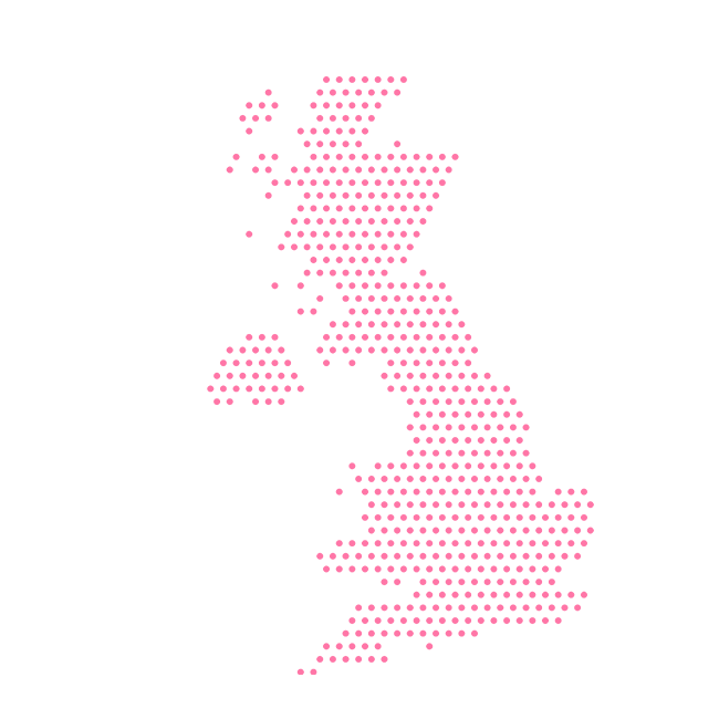 A map of the UK represented by pink dots.